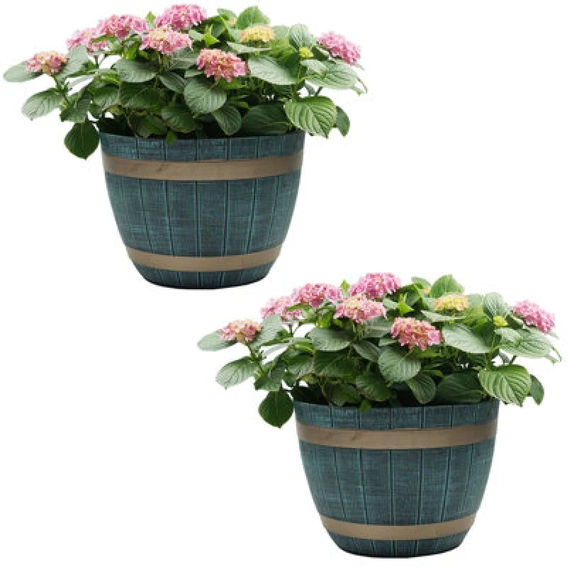 Image of Gr8 Garden Set Of 2 Large Blue Rustic Style Plastic Half Barrel Cask Planter Flower Plant Pot