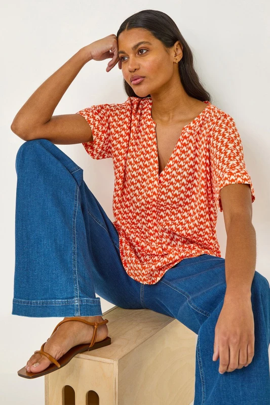 Image of Roman Womens Abstract Print Tunic Top in Orange Size: 16 Orange Female 16