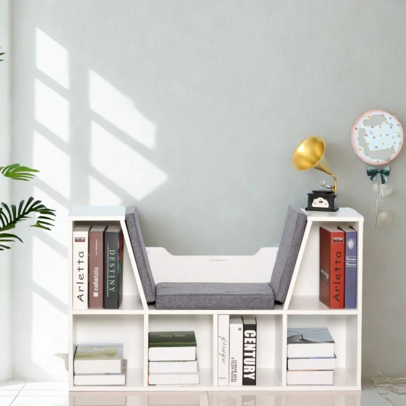 Image of FURNOS Modern Bookcase Storage Cabinet With Reading Seat White White Unisex