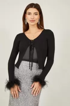 Image of Black Ribbed Bolero With Feather Cuffs