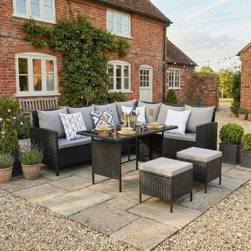 Image of Home Garden Direct Thalia - Rattan Corner Sofa Set with Glass Table & stools - Black - 8 Seats Black Unisex