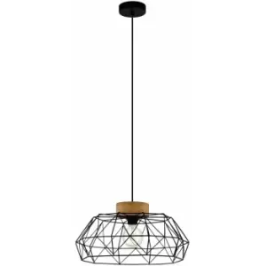 Image of Hanging Ceiling Pendant Light Black Geometric Cage & Wood 1x E27 Bulb Feature