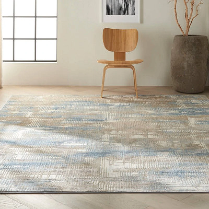 Image of Blue Beige Abstract Modern Easy To Clean Rug For Living Room Bedroom And Dining Room-160Cm X 221Cm
