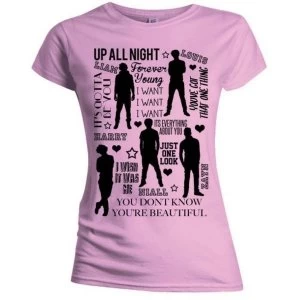 Image of One Direction - Silhouette Lyrics Black on Pink Womens Medium T-Shirt - Pink
