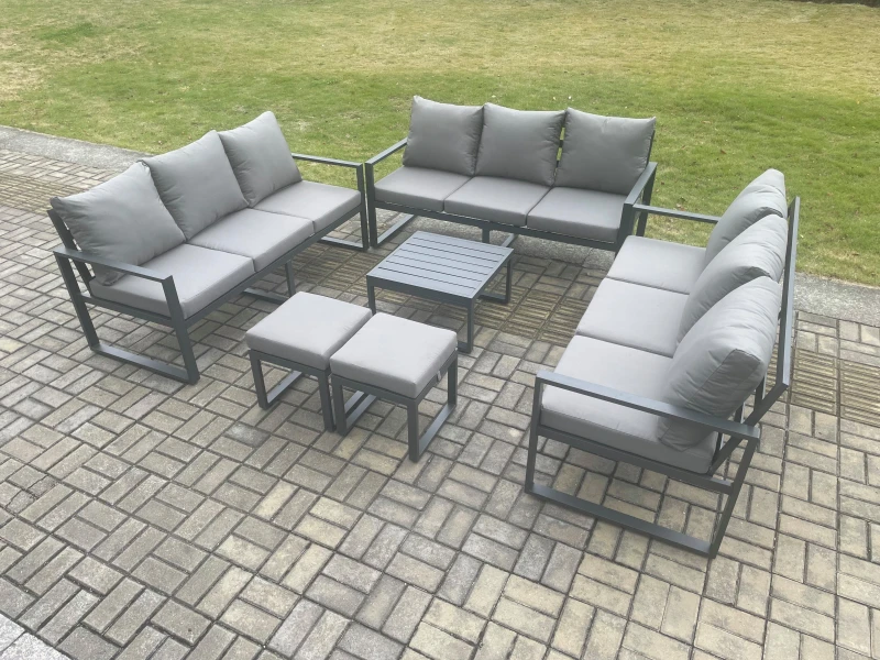 Image of Fimous Aluminium 11 Seater Outdoor Garden Furniture Set Patio Lounge Sofa with Coffee Table 2 Small Footstools Conservatory Set Dark Grey Dark Grey Un
