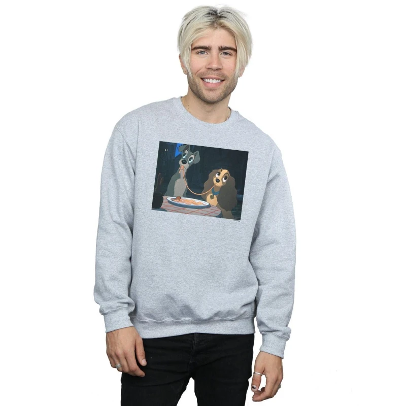 Image of Disney Men Lady And The Tramp Spaghetti Slurp Sweatshirt in Grey Size: Small Grey S Male 5059114360024