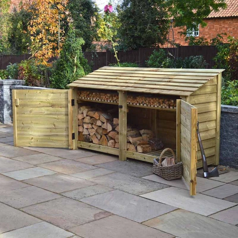 Image of Rutland County Garden Furniture Ltd Normanton 4ft Log Store with Doors & Kindling Shelf, W230 cm, Green Green Unisex