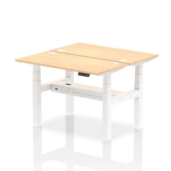 Image of Air Air Back-to-Back 1200 x 600mm Height Adjustable 2 Person Bench Desk Maple Top with Cable Ports White Frame HASCP2P12600MPEW