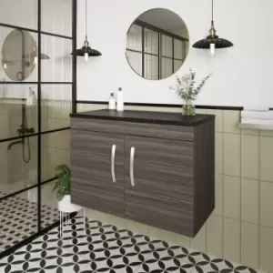 Image of Nuie - Athena Wall Hung 2-Door Vanity Unit with Sparkling Black Worktop 800mm Wide - Anthracite Woodgrain