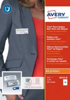 Image of Polar 30 Name Badge with Magnet Matt Steel 10 Badges 54 Lbls
