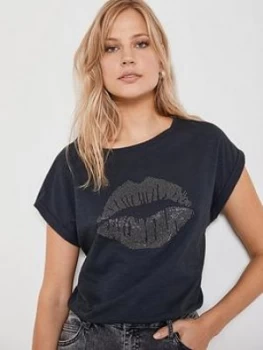 Image of Mint Velvet Lips Hot Fix Tee - Charcoal