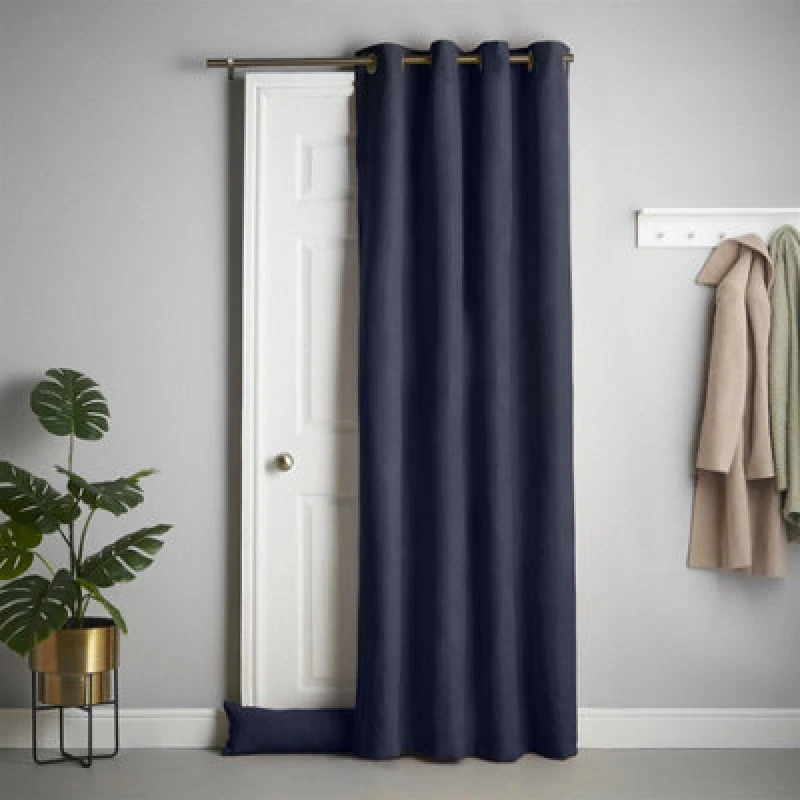 Image of Luxury Living Velvet Chenille Thermal Fleece Lined Ring Top Door Curtain 137Cm X 213Cm Navy
