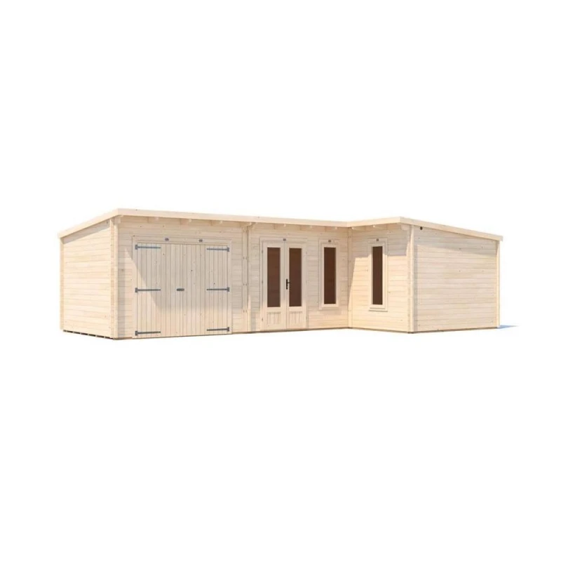Image of Dunster House L-Shaped Log Cabin Pent Roof 24mm Double Glazed Windowsw9M X D5M / W29' X D16'6" Hellwolf