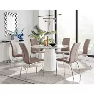 Image of Furniture Box Palma White Marble Effect Round Dining Table and 6 Cappuccino Isco Chairs