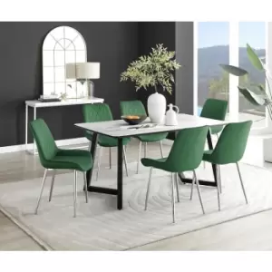 Image of Furniturebox UK - Furniturebox Carson White Marble Effect Rectangular 160cm Dining Table & 6 Green Pesaro Silver Leg Velvet Chairs