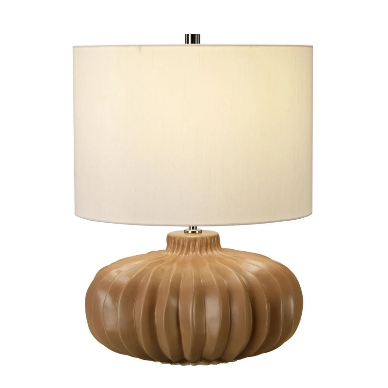 Image of Loops Table Lamp Ridged Pumpkin Shape Squat Base Ivory Faux Linen Shade LED E27 60W Multi