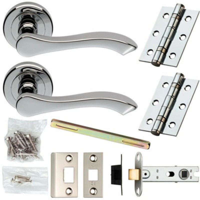 Image of Loops Door Handle & Latch Pack Chrome Modern Scroll Curved Arm Screwless Round Rose Multi