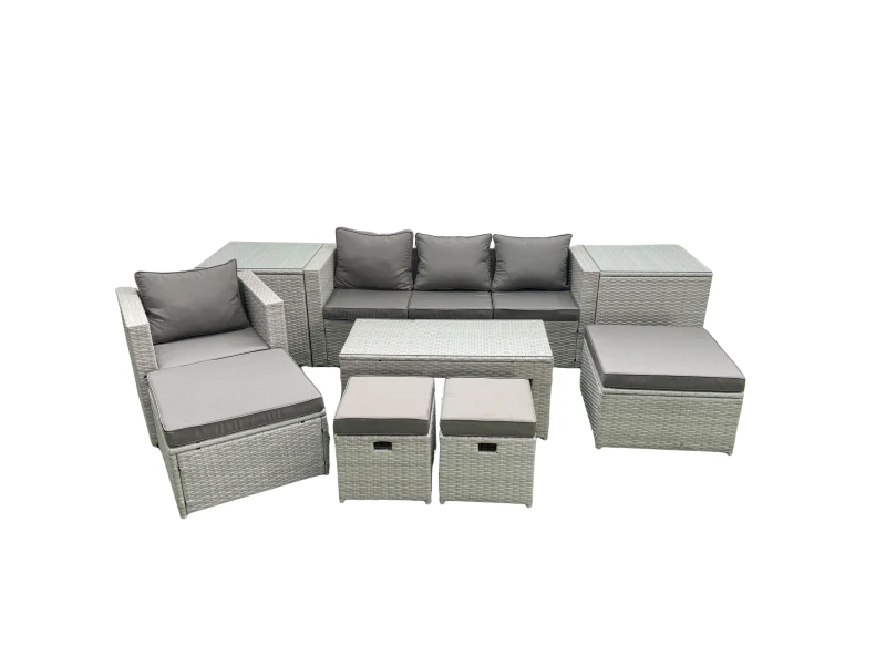 Image of Fimous Rattan Garden Furniture Set Outdoor Lounger Sofa with Coffee Table 4 Footstools 2 Side Tables Light Grey Mixed Light Grey