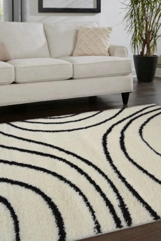 Image of Melrose Shaggy Iso Ivory Patterned Black Wave Lines Indoor Medium Area Rug 120/170Cm