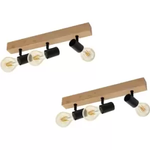 Image of 2 PACK Wall Light Colour Brown Wood Back Plate Black Bulb Holder Bulb E27 3x60W