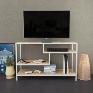 Image of Decorotika - Robins 120 Cm Wide industrial tv Stand, tv Console, tv Unit With Open Shelves Metal For Living Room, Hallway- White And Oak Colour