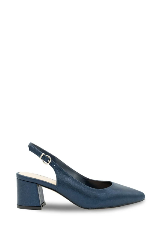 Image of Paradox London Wide Fit Shimmer 'Flynn' Mid Block Heel Sling Back Court Shoe Navy