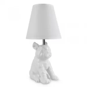 Image of French Bull Dog White Ceramic Table Lamp With White Shade
