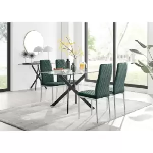 Image of Furniturebox UK - Furniturebox Leonardo 4 Black Leg Glass Dining Table and 4 Green Milan Velvet Dining Chairs Diamond Stitch Modern Contemporary
