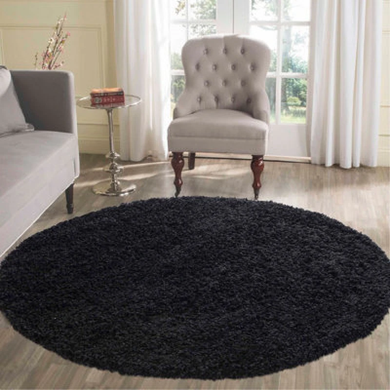 Image of Desire Rugs Plain Living Room Shaggy Area Rugs Black Round 120X120 Cm