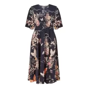 Image of Yumi Navy Butterfly Print Midi Dress - Blue