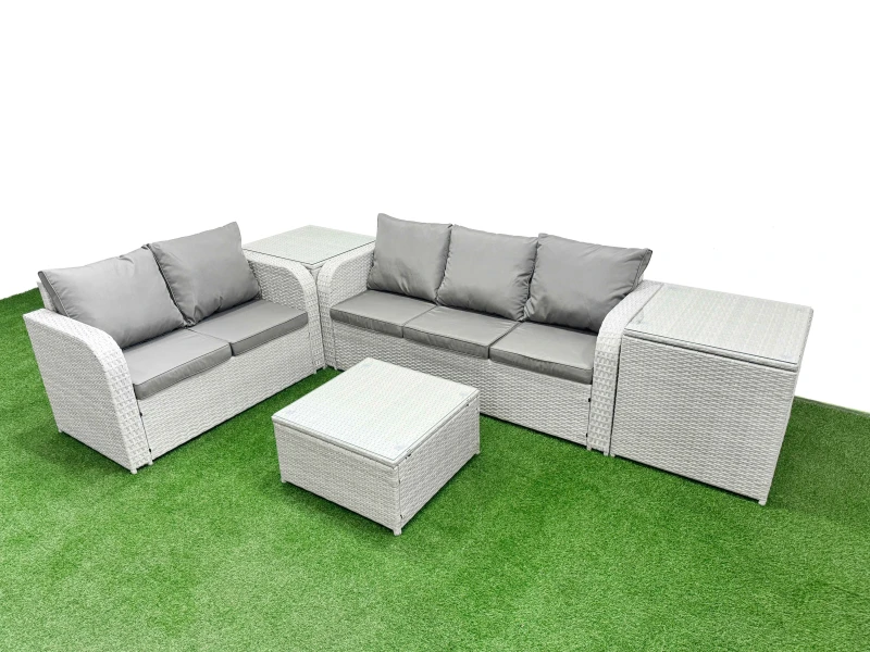 Image of Fimous 5 Seater PE Rattan Wicker Garden Furniture Patio Conservatory Sofa Set with Square Coffee Table 3 Seater Sofa Love Sofa 2 Side Table Light Grey