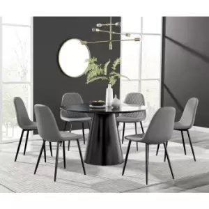 Image of Furniturebox Palma Black Semi Gloss 120cm Round Minimalist Dining Table & 6 Grey Corona Faux Leather Dining Chairs with Black Legs Diamond Stitch