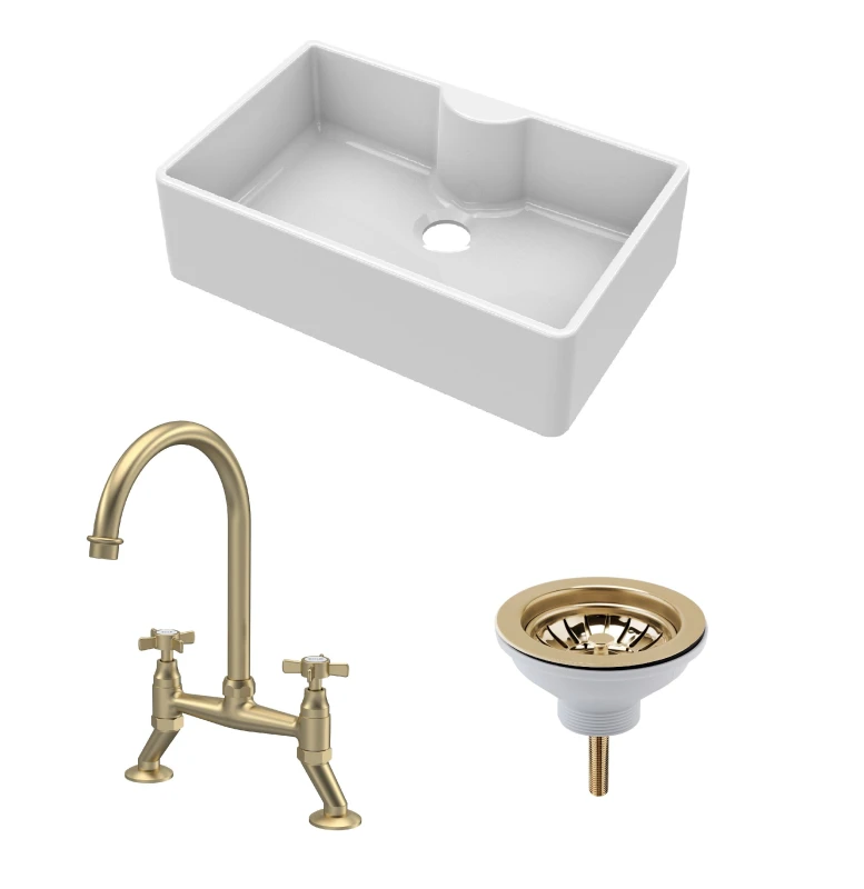 Image of BALTERLEY Fireclay Kitchen Bundle - Single Bowl Butler Sink with Tap Ledge, Waste & Bridge Tap, 795mm - Brushed Brass - Balterley BKS208WT14