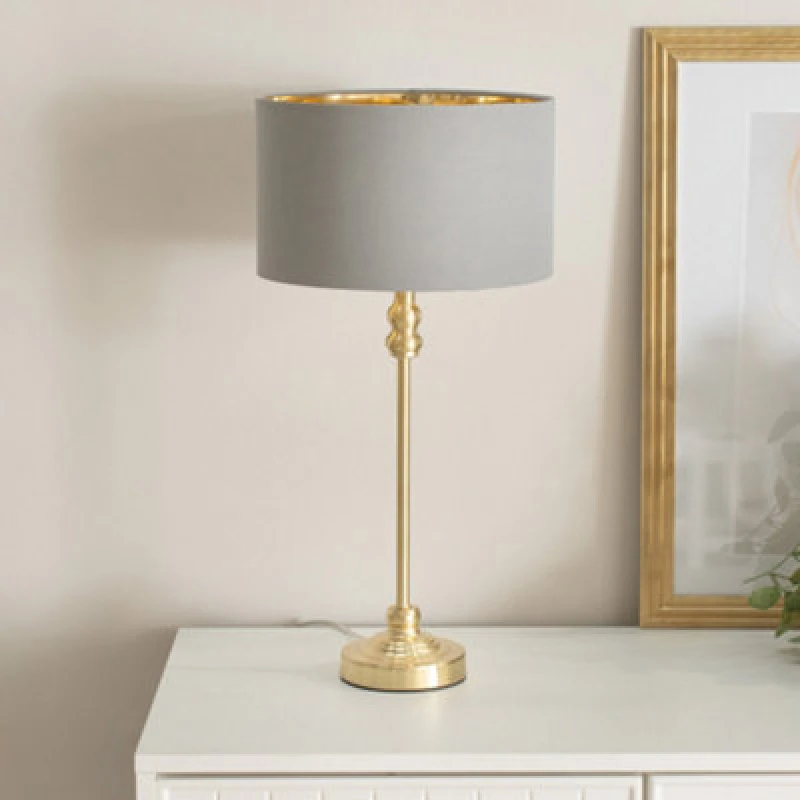 Image of ValueLights ValueLights Maggie Gold Candlestick Table Lamp with Fabric Drum with Gold Inner Lamp Shade in Grey Grey One Size Unisex 5059406061813