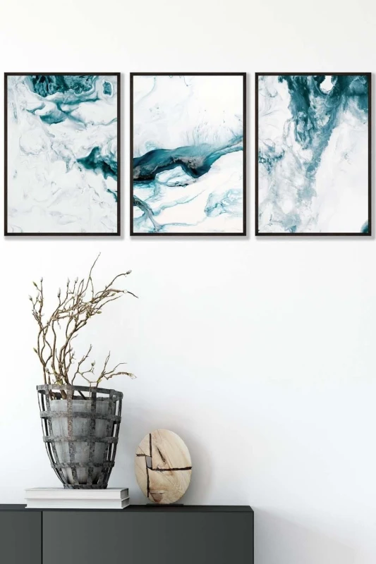 Image of ARTZE Teal Blue Abstract Ocean Waves Framed Wall Art - Medium in Black Size: W45cm x H62cm x D20mm Black Unisex W45cm x H62cm x D20mm