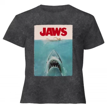 Image of Jaws Classic Poster - Womens Cropped T-Shirt - Black Acid Wash - L - Black Acid Wash