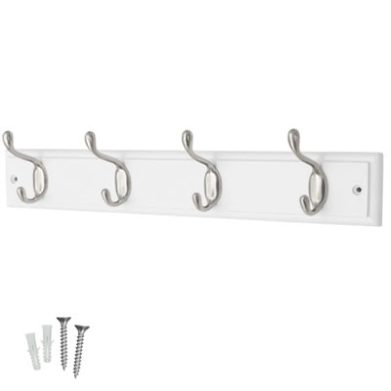Image of Keypak 4-Hook Wall-Mounted Coat Rack, 45Cm - White Wooden Board, Satin Nickel Coat Hooks - Fixings Included