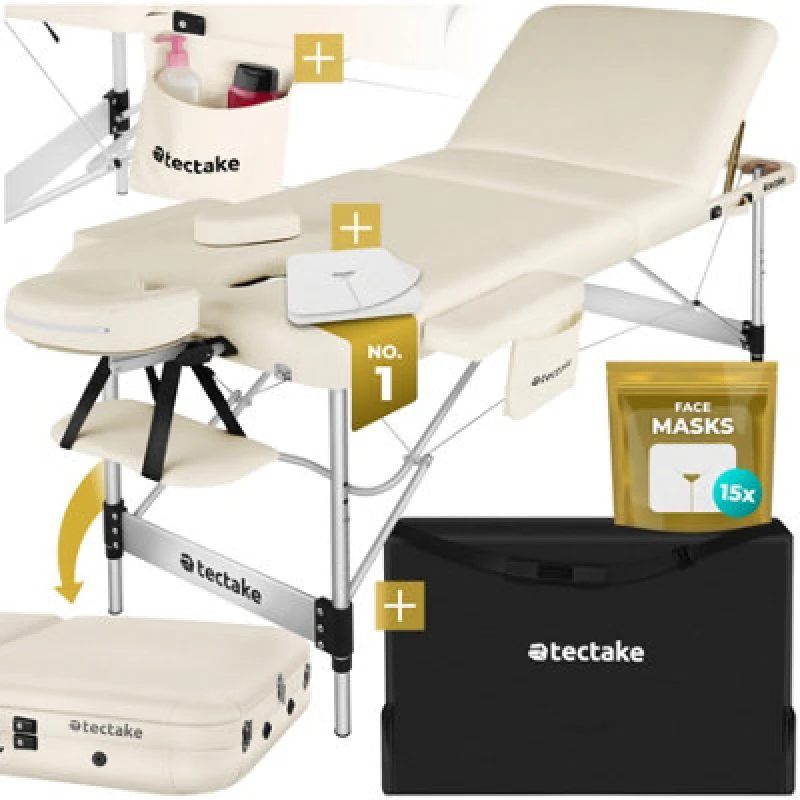 Image of Tectake Massage Table Phuket - 3 Zones, 70 Cm Wide, Aluminium Frame, Carry Bag & Masks - Beige