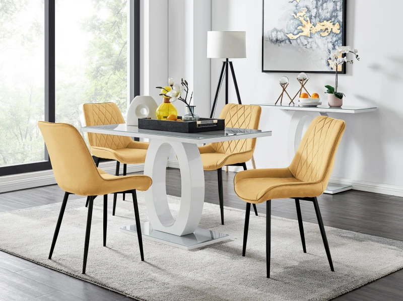 Image of FurnitureboxUK FurnitureboxUK Giovani 4 Grey Dining Table & 4 Pesaro Black Leg Chairs in Mustard Mustard One Size Unisex 5056542664731