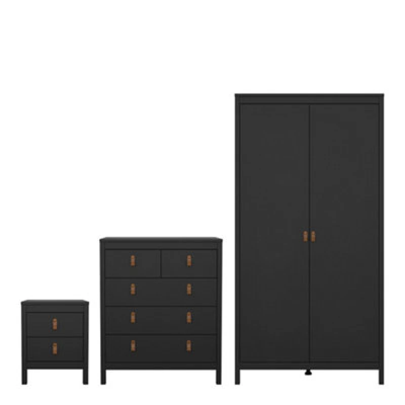 Image of Furniture To Go Barcelona 3 Piece Bundle, Bedside, Chest And 2 Door Wardrobe In Matt Black