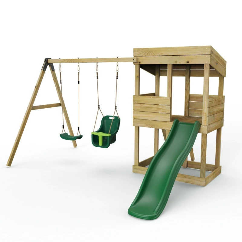 Image of Rebo Wooden Lookout Tower Playhouse with 6ft Slide - Redwood Natural