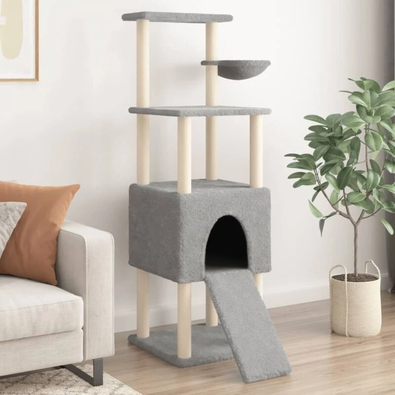 Image of vidaXL Cat Tree with Sisal Scratching Posts Light Grey 153 cm, Grey 172116
