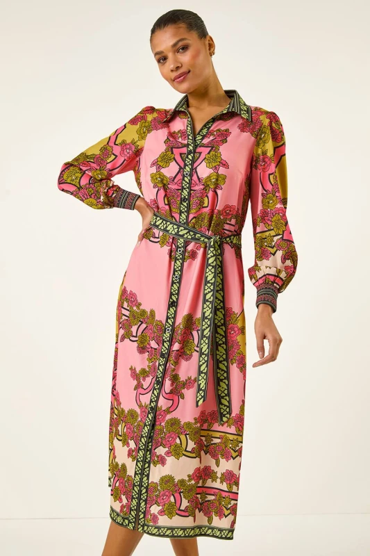 Image of Roman Womens Floral Print Border Shirt Midi Dress in Pink Size: 12 Pink Female 12