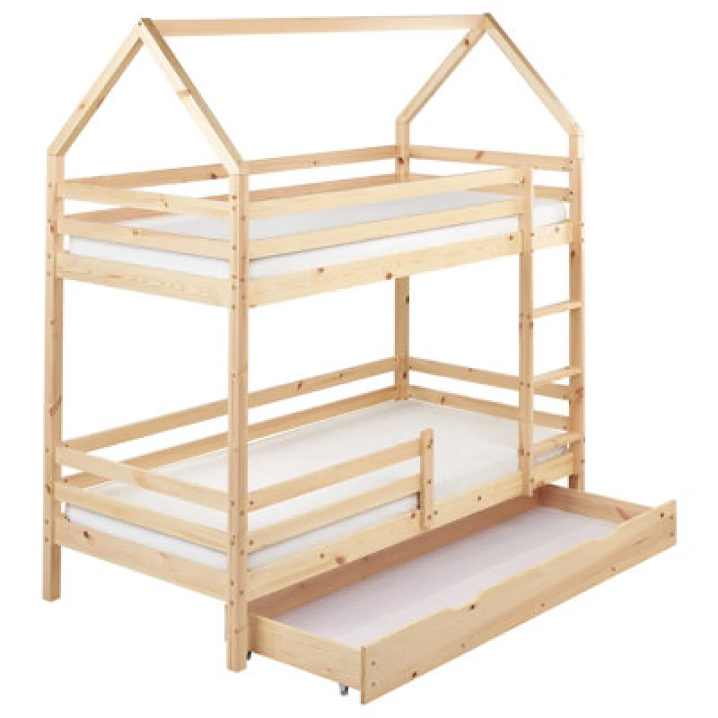 Image of Beliani Bunk Bed With Drawers House Pine Wood Girgols 90 X 200 Cm (Eu Single) With Storage Light Brown
