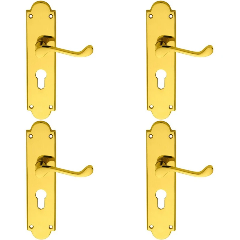 Image of Loops 4x PAIR Victorian Scroll Lever on Euro Lock Backplate 205 x 49mm Polished Brass Metallics