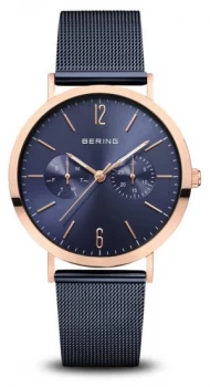 Image of Bering Classic Polished Rose Gold Blue Mesh Bracelet Watch