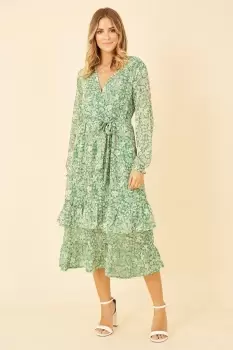 Image of Green Floral Wrap Long Sleeve Tiered Midi Dress