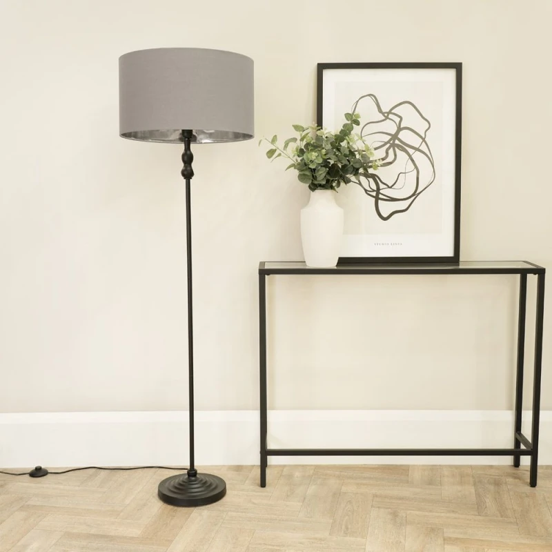 Image of ValueLights Maggie Black Metal Candlestick Floor Lamp with Grey and Metallic Chrome Shade Grey