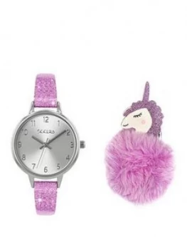 Image of Tikkers Tikkers Silver Dial Pink Glitter Strap And Unicorn Pompom Kids Gift Set