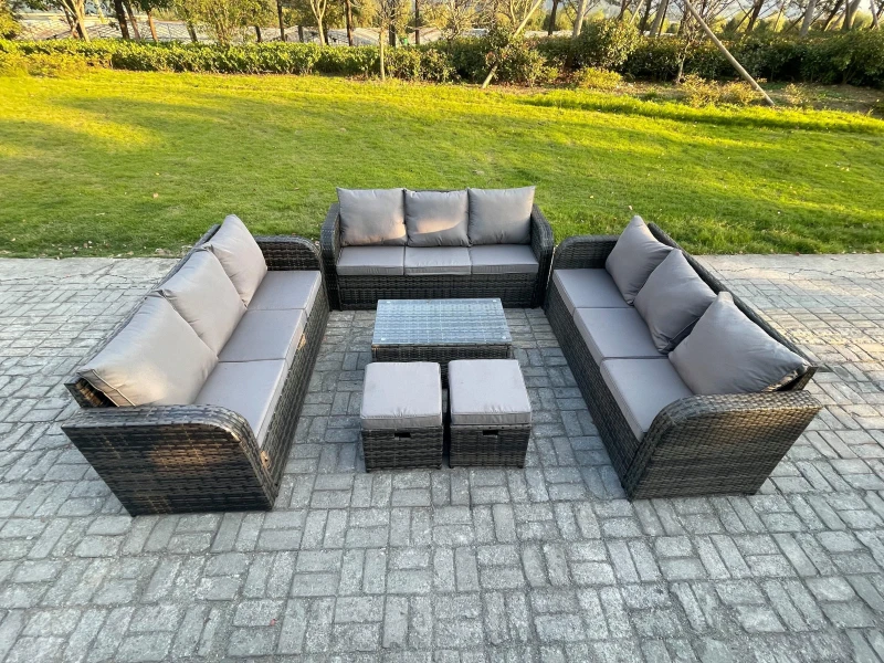 Image of Fimous Rattan Lounge Sofa Set 11 Seater Outdoor Garden Furniture Set with Rectangular Coffee Table 3 Seater Sofa 2 Small Footstools Dark Grey